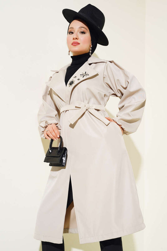 Stone Collar Belted Trench Coat Beige