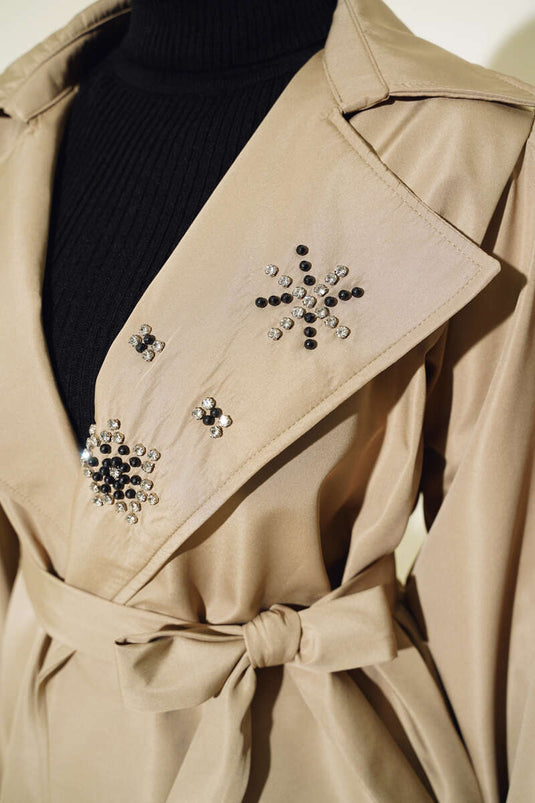 Stone Collar Belted Trench Coat Khaki