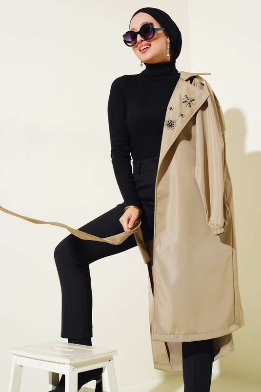 Stone Collar Belted Trench Coat Khaki