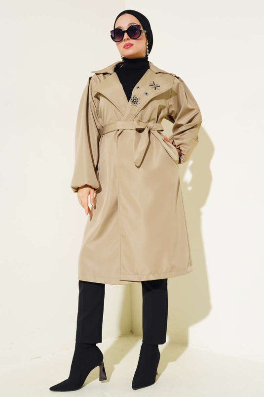 Stone Collar Belted Trench Coat Khaki