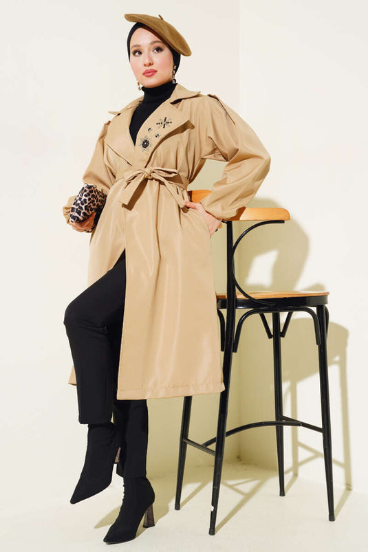 Stone Collar Belted Trench Coat Latte