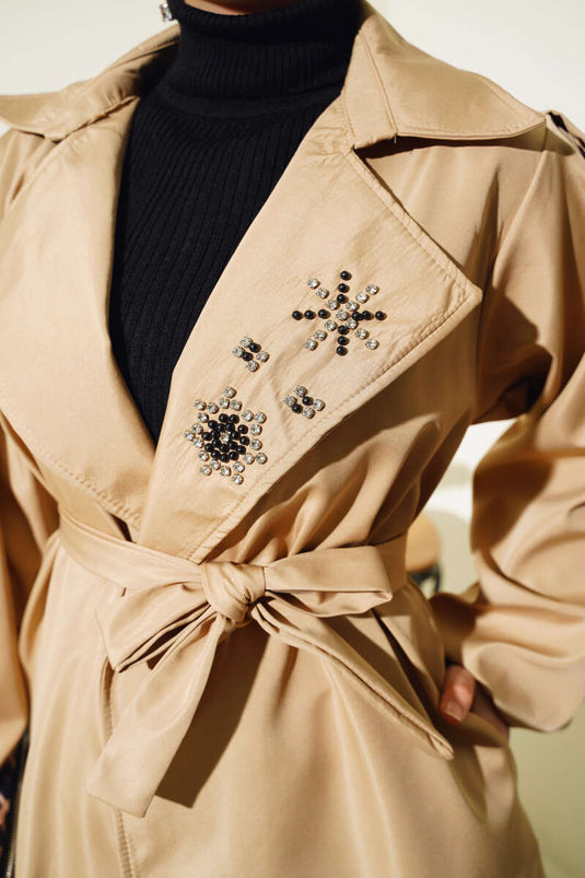 Stone Collar Belted Trench Coat Latte