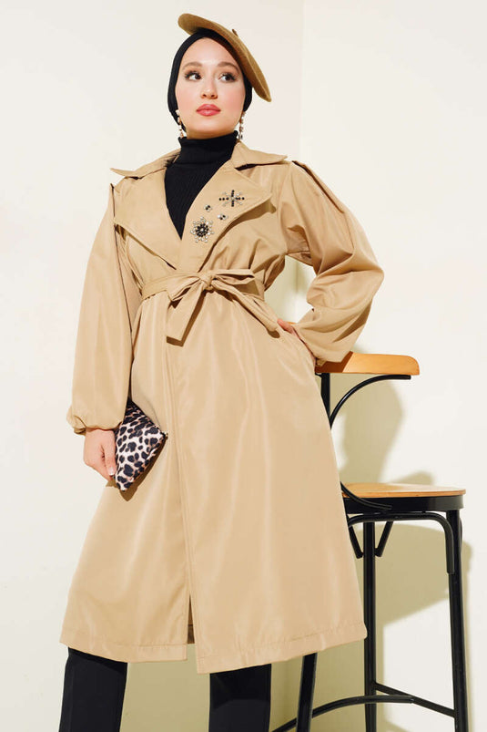 Stone Collar Belted Trench Coat Latte