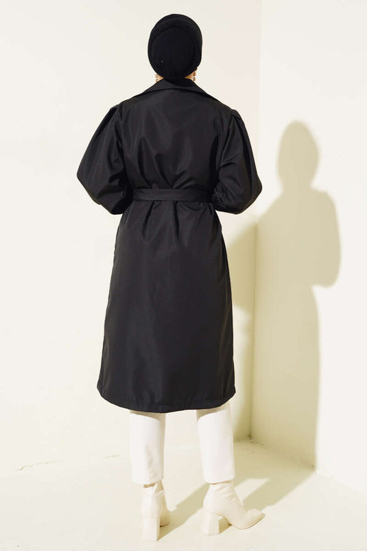 Stone Collar Belted Trench Coat Black