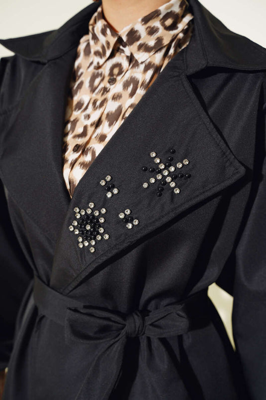 Stone Collar Belted Trench Coat Black