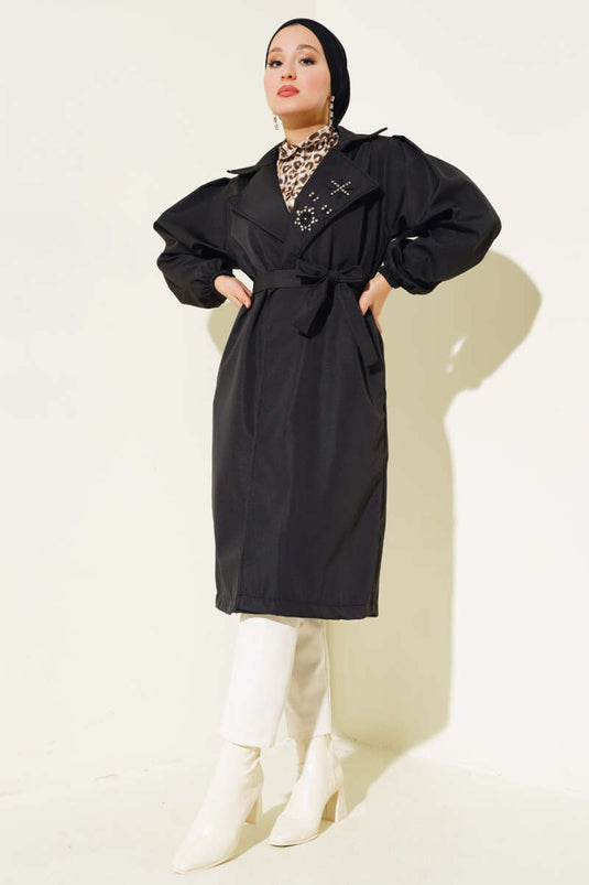 Stone Collar Belted Trench Coat Black