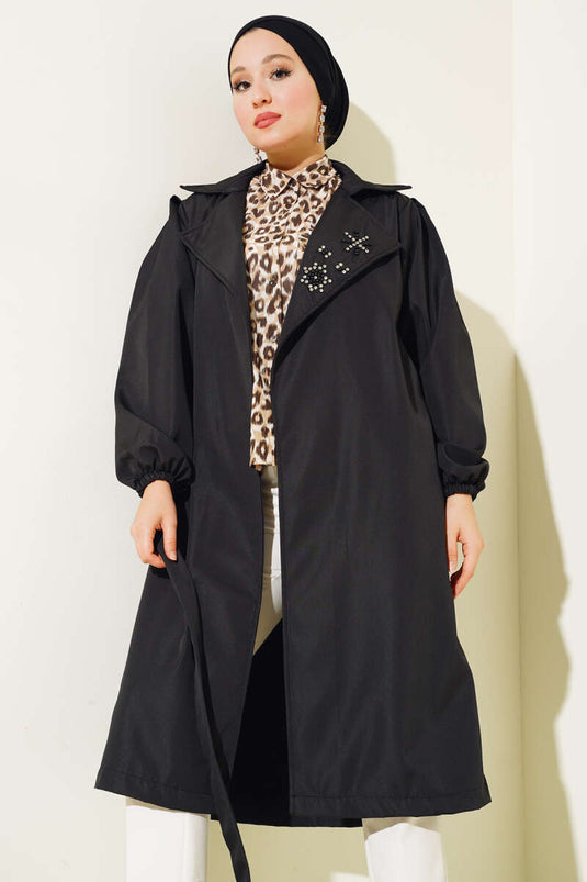 Stone Collar Belted Trench Coat Black