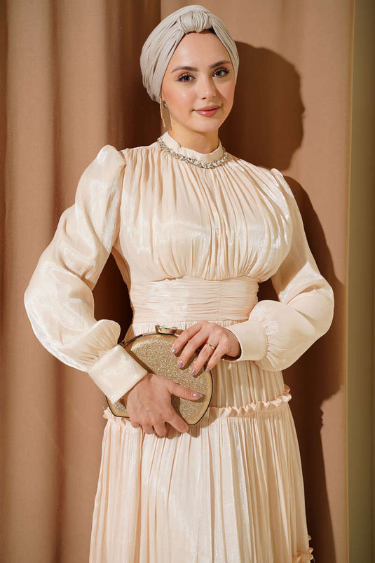 Beige Pleated Evening Dress with Neckline Stones