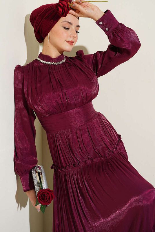 Burgundy Pleated Evening Dress with Neckline Stones