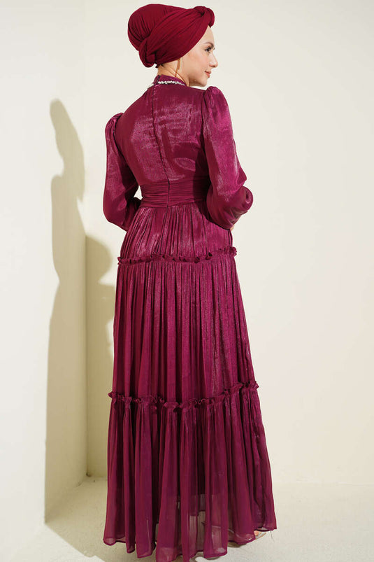 Burgundy Pleated Evening Dress with Neckline Stones