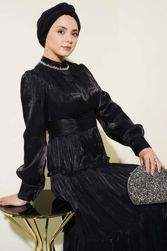 Black Pleated Evening Dress with Neckline Stones