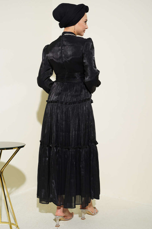 Black Pleated Evening Dress with Neckline Stones