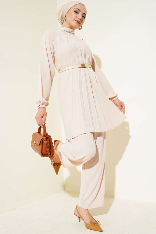 Yaka Taşlı Pileli Tunik İkili Takım Bej