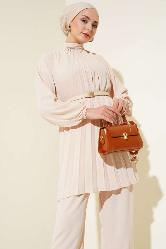 Yaka Taşlı Pileli Tunik İkili Takım Bej