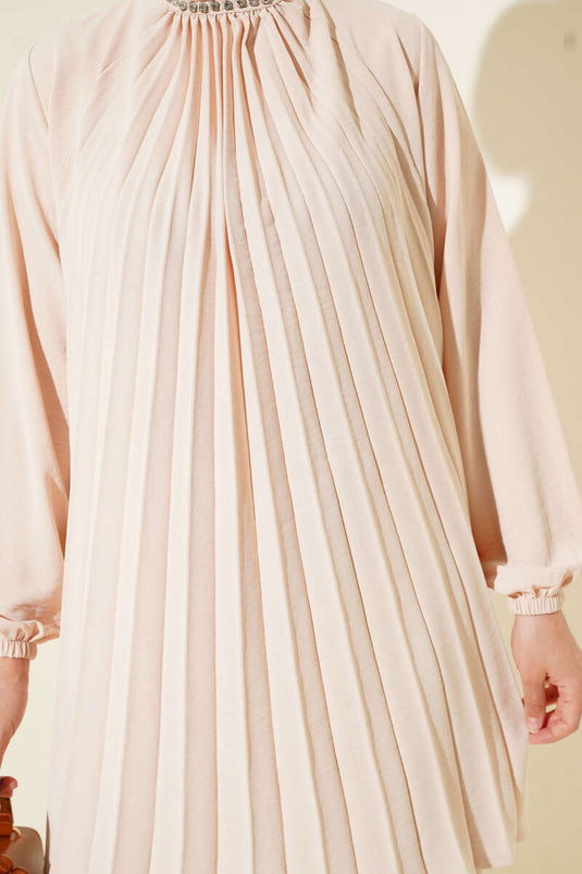 Yaka Taşlı Pileli Tunik İkili Takım Bej