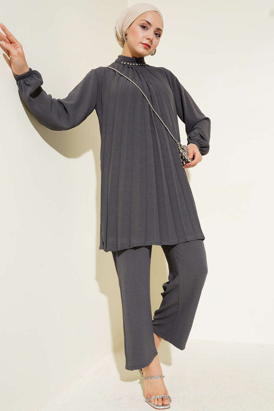 Kraag Steen Geplooide Tuniek Tweedelig Pak Rook