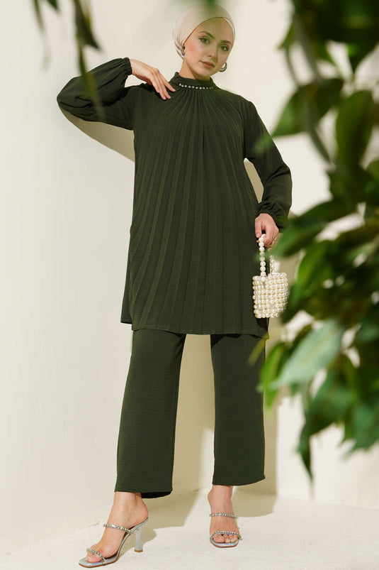 Stone Collar Pleated Tunic Two Piece Set Khaki
