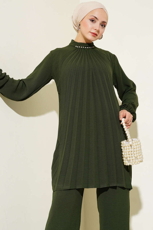 Stone Collar Pleated Tunic Two Piece Set Khaki