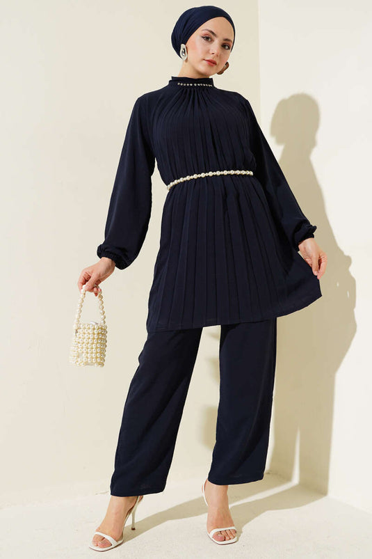 Collar Stone Pleated Tunic Two Piece Set Navy Blue