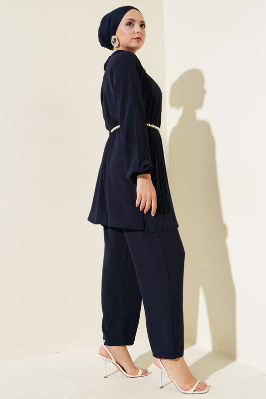Collar Stone Pleated Tunic Two Piece Set Navy Blue