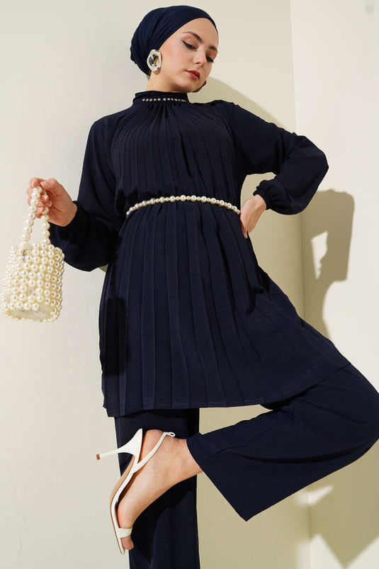 Collar Stone Pleated Tunic Two Piece Set Navy Blue