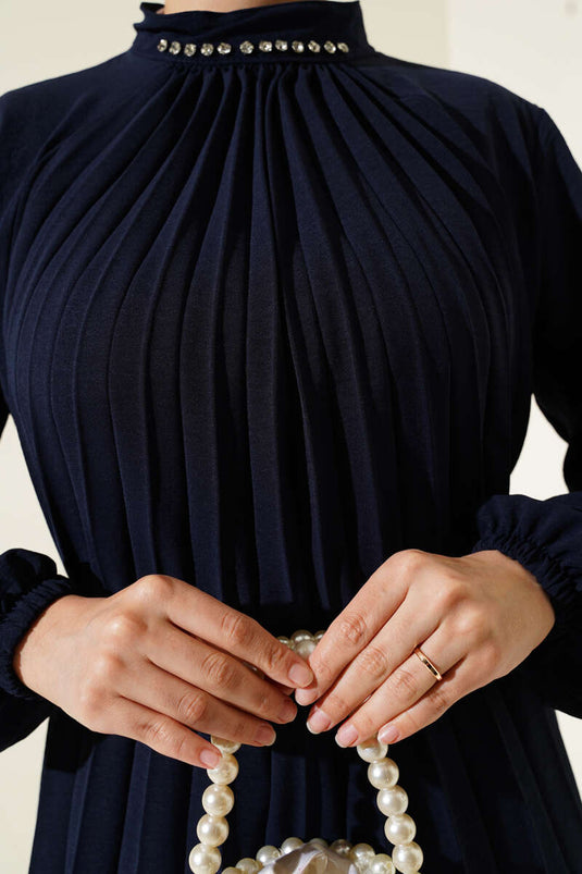 Collar Stone Pleated Tunic Two Piece Set Navy Blue