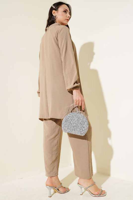Yaka Taşlı Pileli Tunik İkili Takım Latte