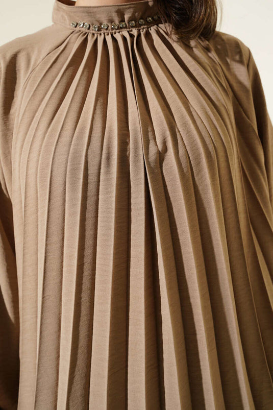 Yaka Taşlı Pileli Tunik İkili Takım Latte