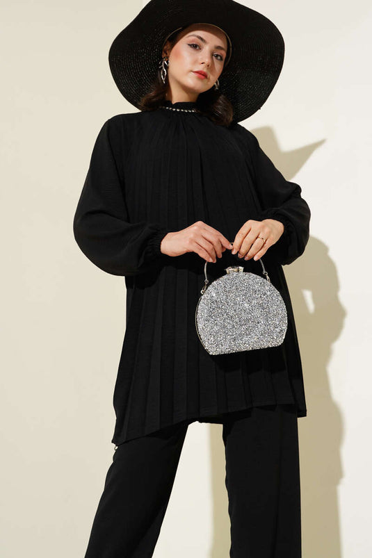 Ensemble deux pièces tunique plissée à col en pierre noir