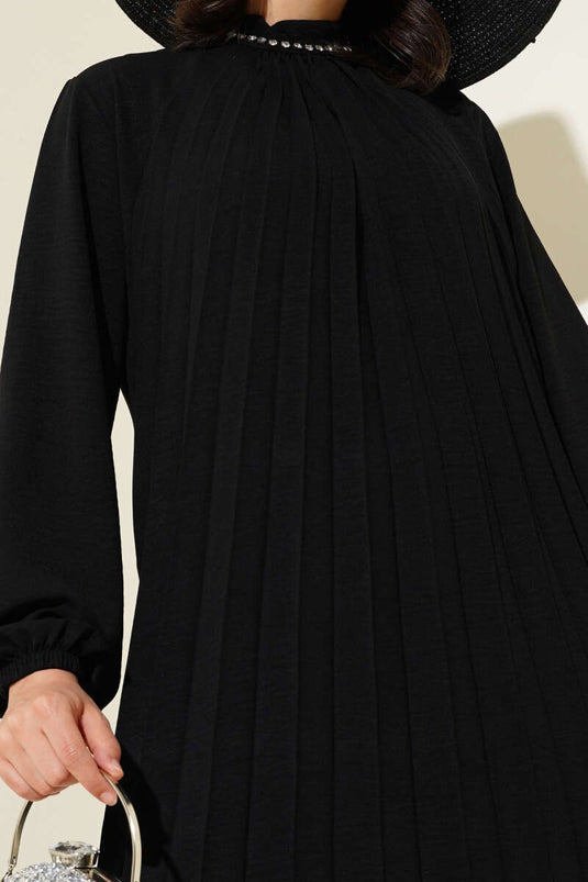 Ensemble deux pièces tunique plissée à col en pierre noir