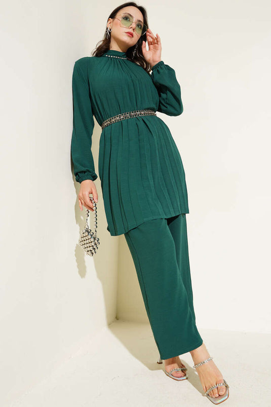 Ensemble deux pièces tunique plissée à col en pierre vert émeraude