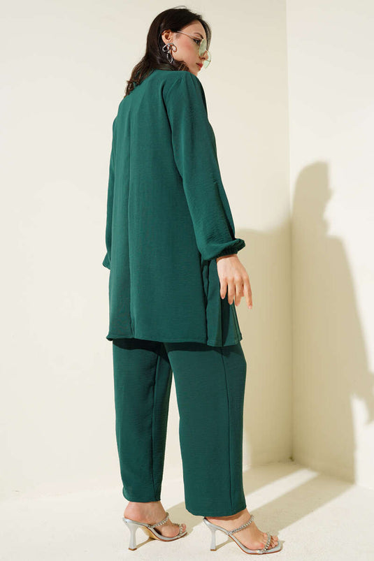 Ensemble deux pièces tunique plissée à col en pierre vert émeraude