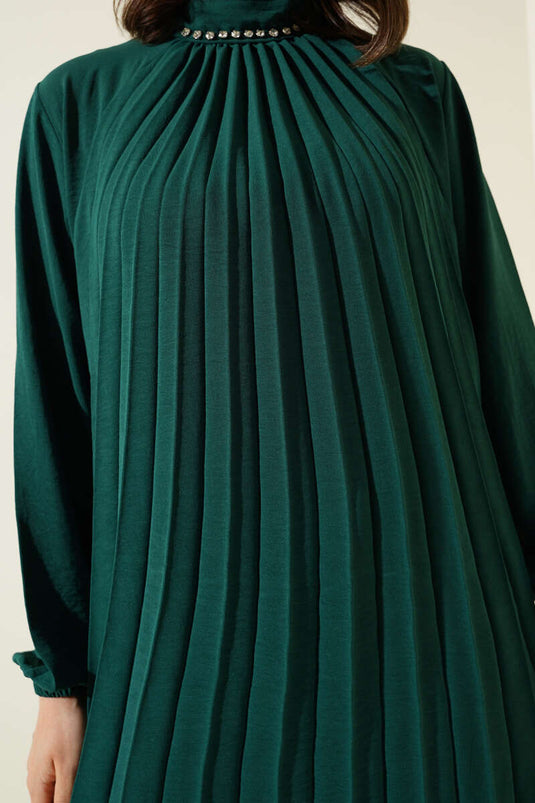 Ensemble deux pièces tunique plissée à col en pierre vert émeraude