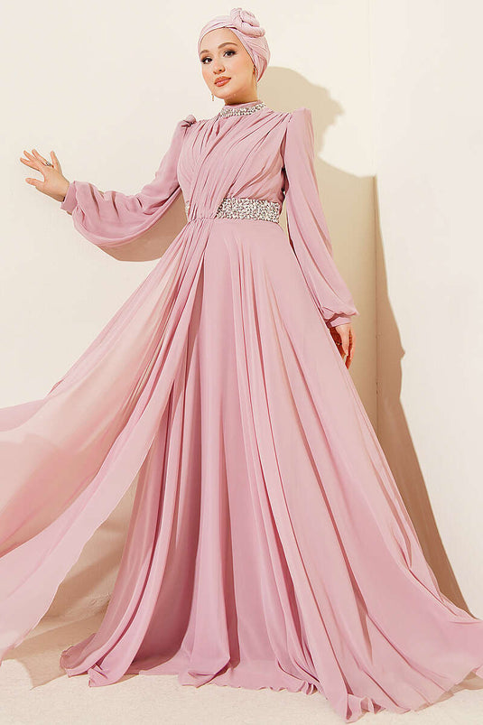 Robe de soirée en chiffon avec col et taille ornés de pierres, couleur poudre