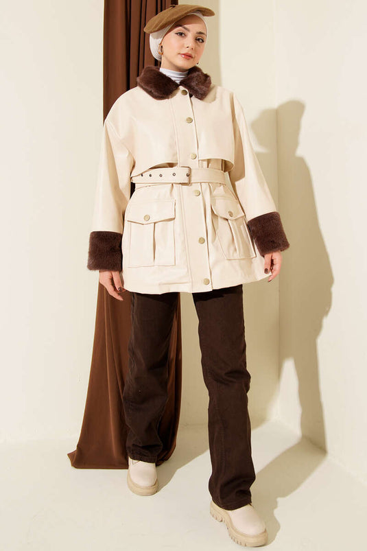 Yaka ve Bilek Kürklü Deri Ceket Bej