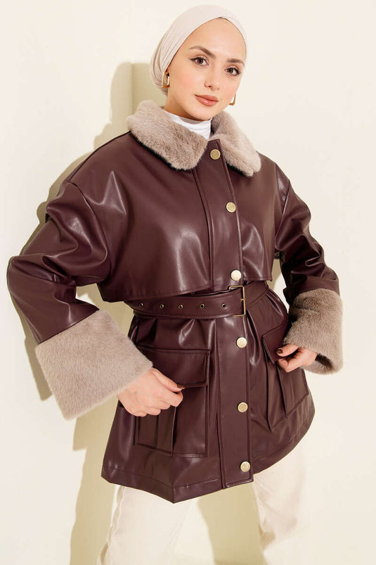 Yaka ve Bilek Kürklü Deri Ceket Bordo