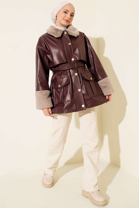 Yaka ve Bilek Kürklü Deri Ceket Bordo