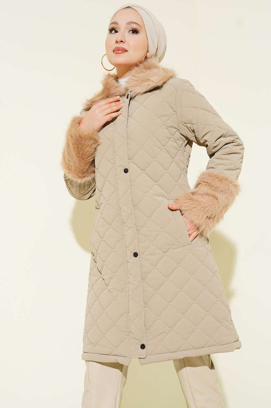 Quilted Coat with Fur Collar and Cuffs, Beige