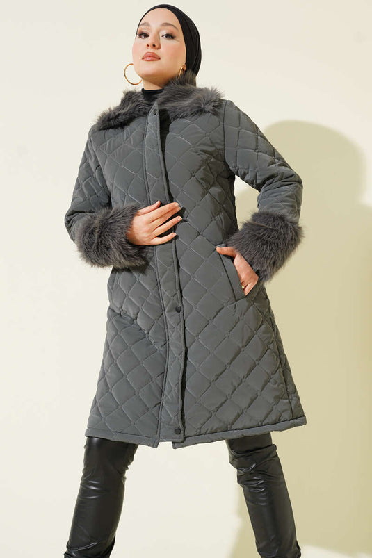 Quilted Coat with Fur Collar and Cuffs, Dark Gray