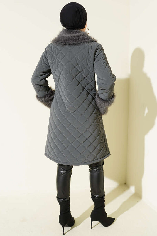 Quilted Coat with Fur Collar and Cuffs, Dark Gray