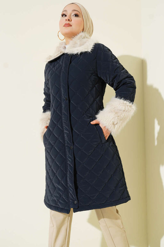 Yaka ve Bilek Kürklü Kapitone Mont Lacivert