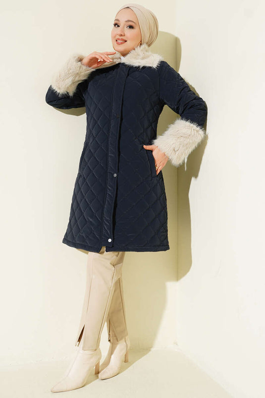 Quilted Coat with Fur Collar and Cuffs, Navy Blue