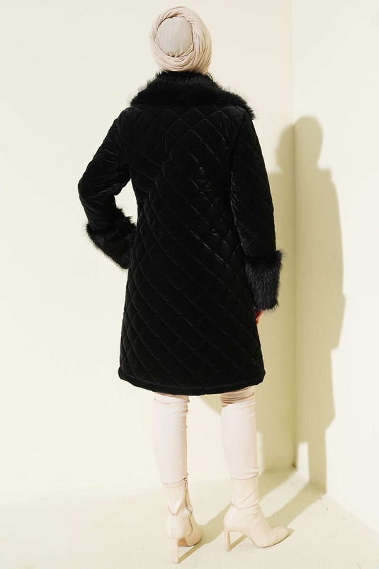 Quilted Coat with Fur Collar and Cuffs, Black