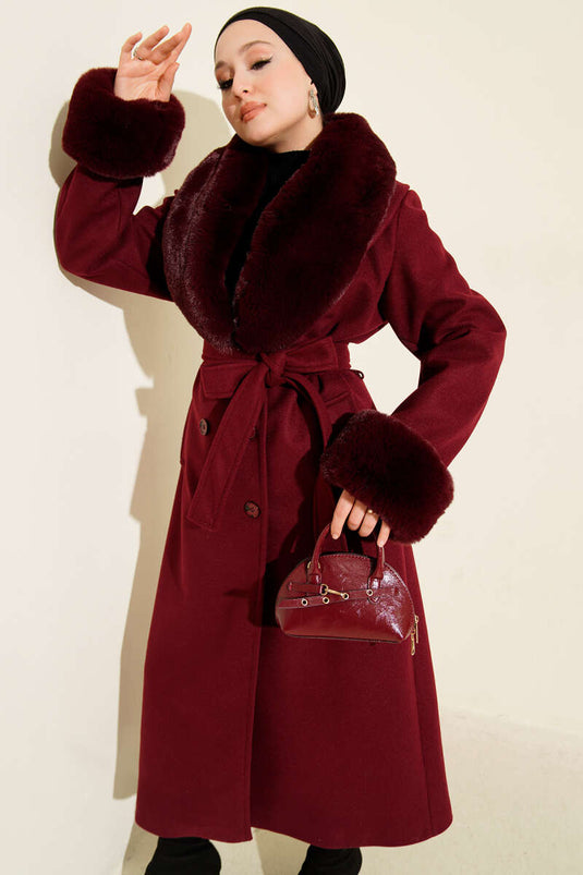 Burgundy Cashmere Coat with Fur Collar and Wrists