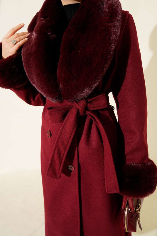 Burgundy Cashmere Coat with Fur Collar and Wrists