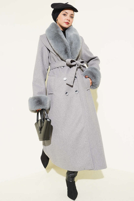 Gray Cashmere Coat with Fur Collar and Cuffs