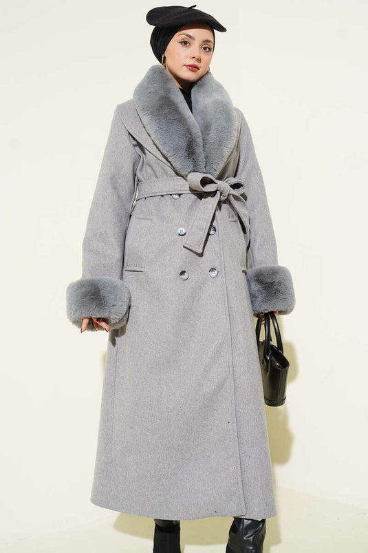 Gray Cashmere Coat with Fur Collar and Cuffs