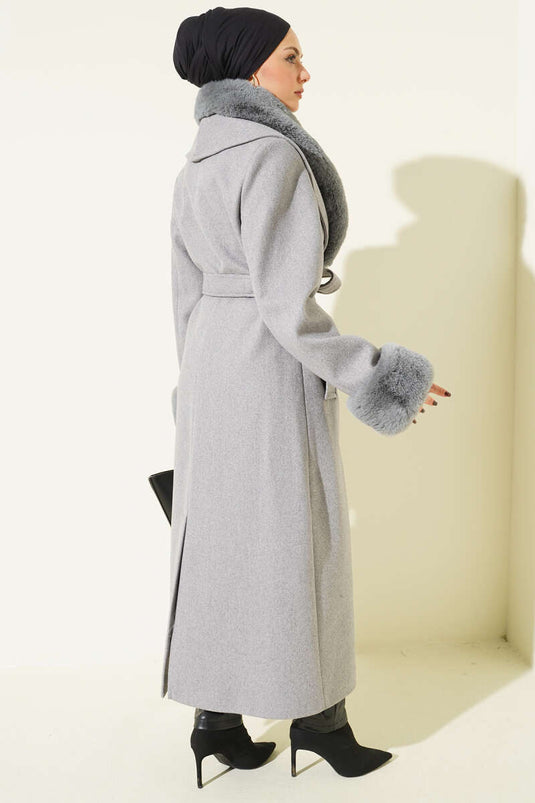 Gray Cashmere Coat with Fur Collar and Cuffs