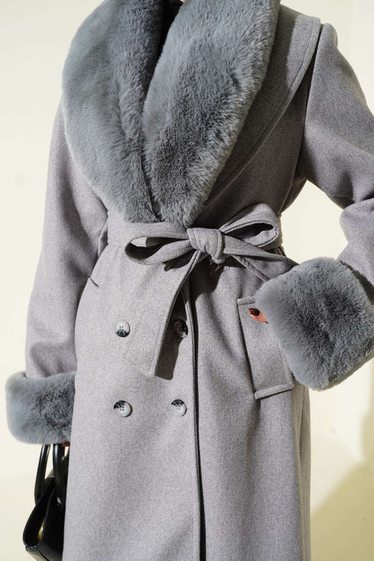 Gray Cashmere Coat with Fur Collar and Cuffs