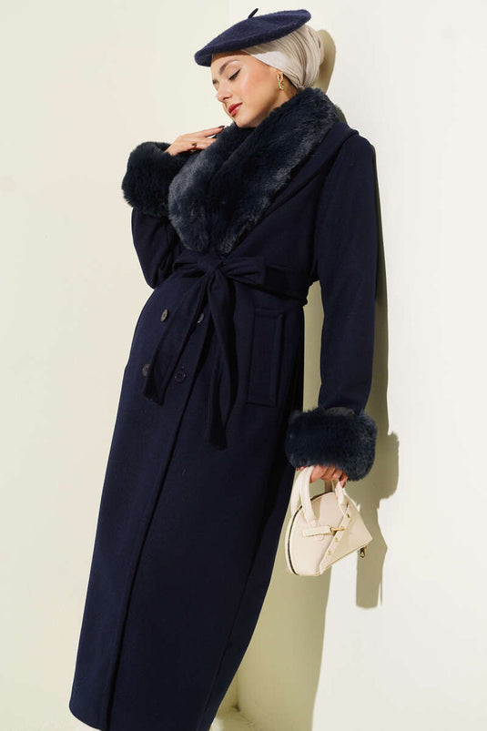Navy Cashmere Coat with Fur Collar and Cuffs